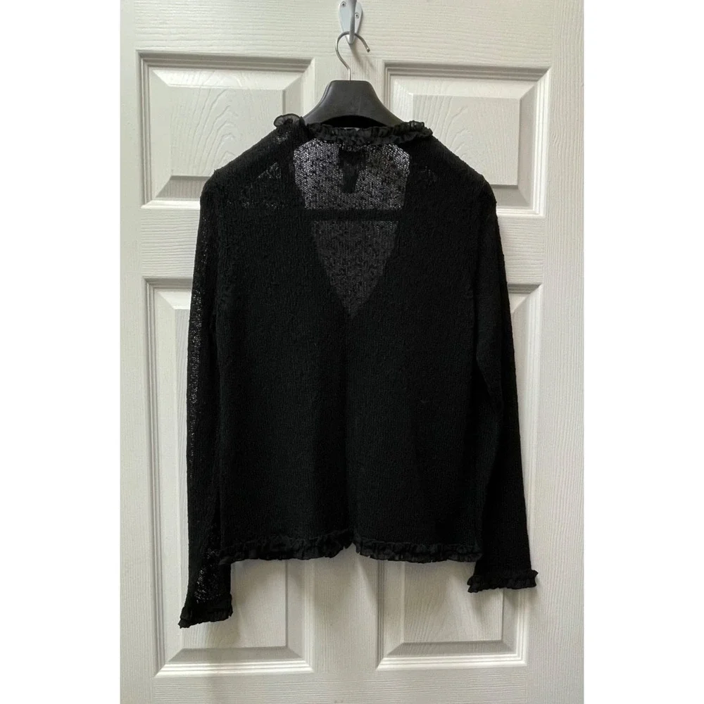 VTG Chico's Black Ruffle Trim Open Cardigan Sz‎ 1 Medium  Textured Knit Sweater